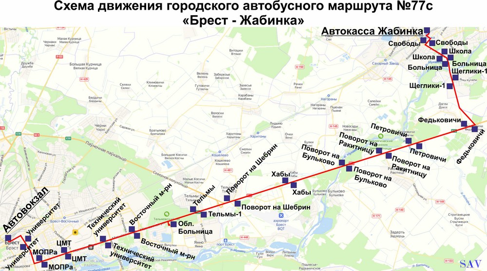 Новая схема движения автобуса №77С «Брест — Жабинка». Фото: https://ap1.brest.by